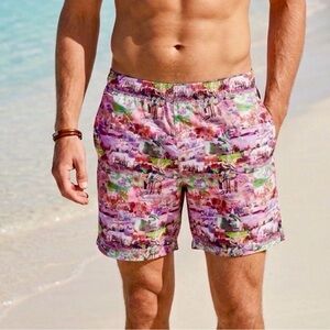 Peter Millar Men's Swim Trunks L Pink Green Vaca beach pool summer mesh liner